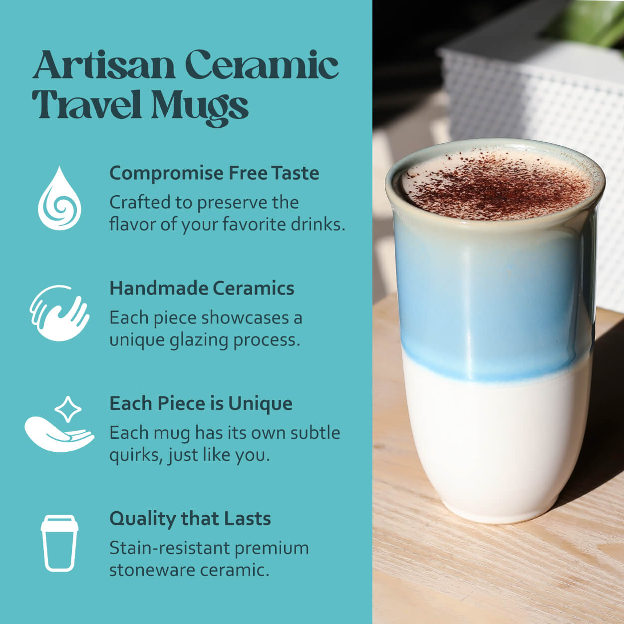 Reusable Ceramic Travel Mug  16oz Handmade Pottery Coffee Cup in Lagoon Blue Glaze | Nova Ceramics