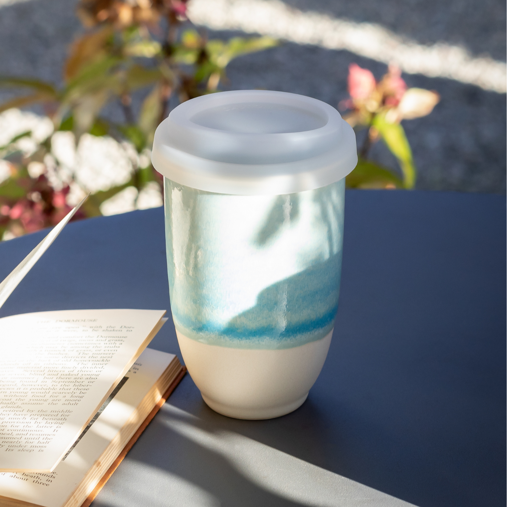 Reusable Ceramic Travel Mug – 12oz Handmade Pottery Coffee Cup in Light Blue Glaze