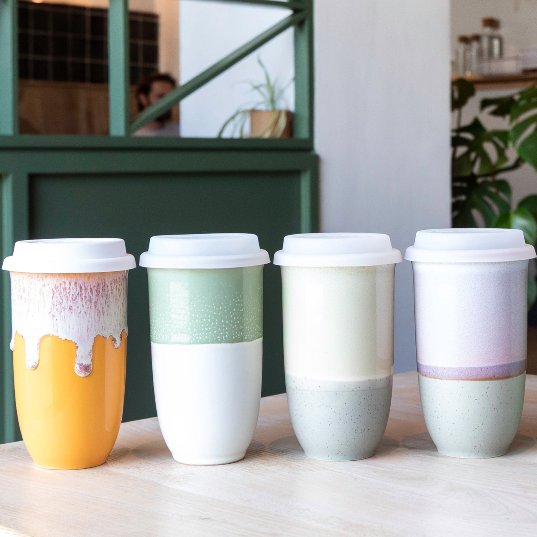 Reusable Ceramic Travel Mug – 16oz Handmade Pottery Coffee Cup in Mist Green Glaze