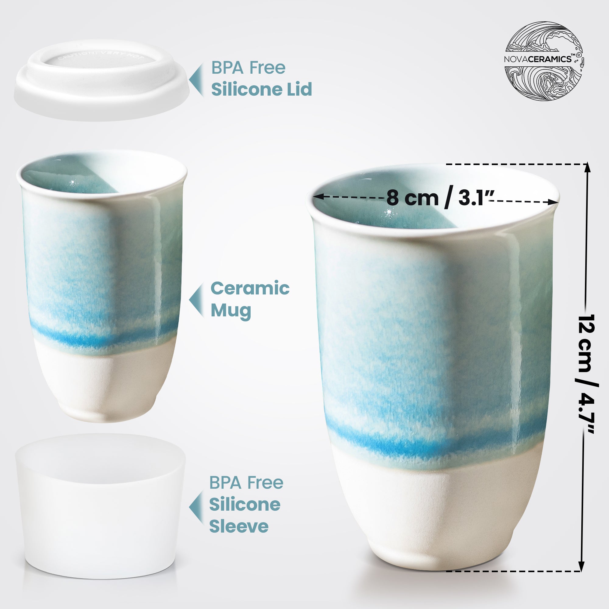 NOVA CERAMICS 12oz Travel Coffee Mug - Unique Microwave & Dishwasher Safe  Tumbler With Lid - Gifts For Women & Men