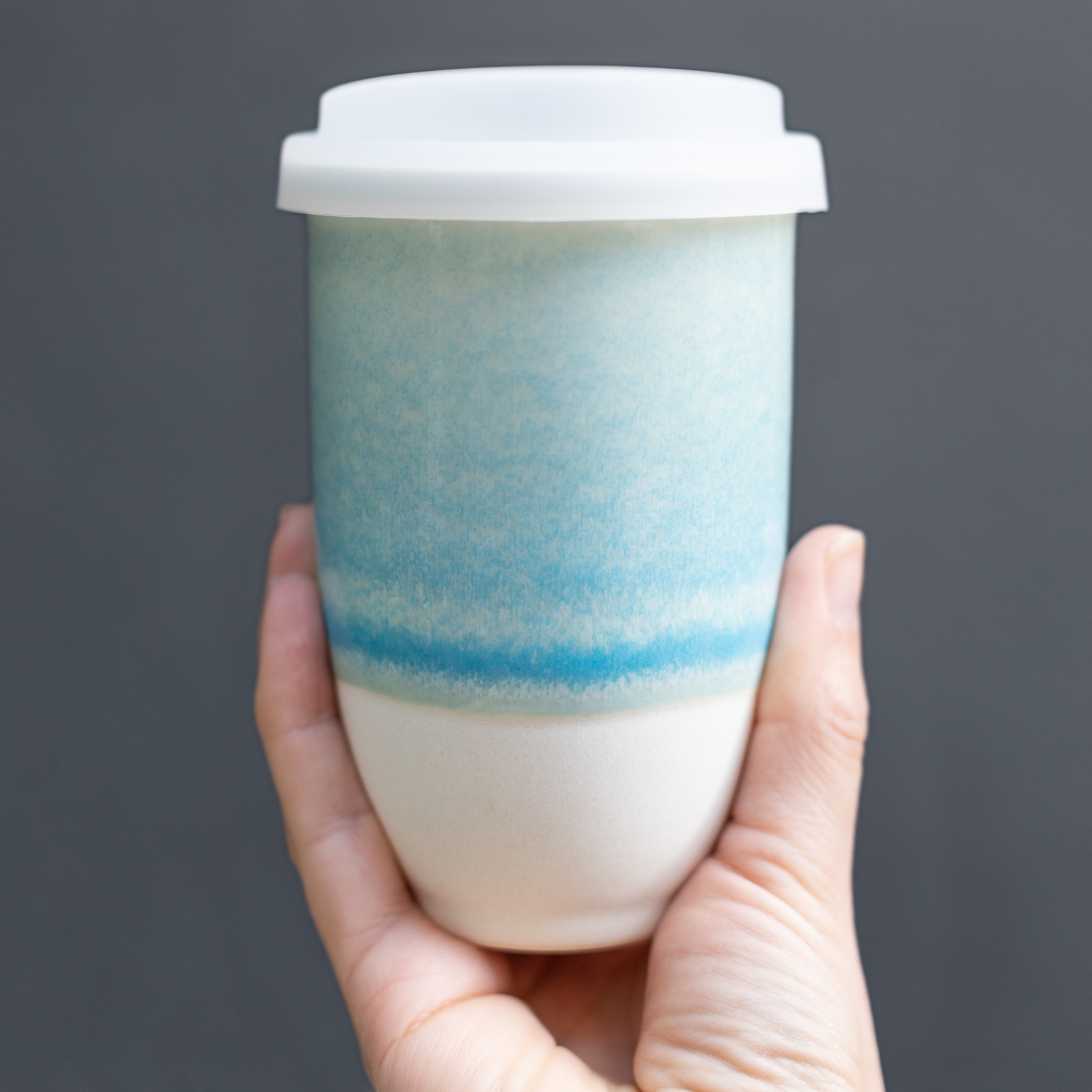 Reusable Ceramic Travel Mug – 12oz Handmade Pottery Coffee Cup in Light Blue Glaze